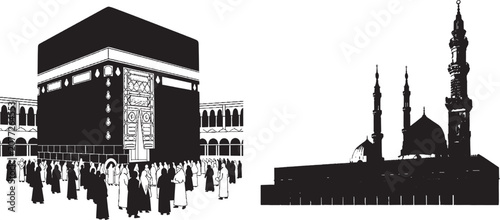 Black silhouette icons of the kaaba in mecca and the prophet mosque in medina representing islamic holy places for religious events and travel design isolated on transparent background, Vector