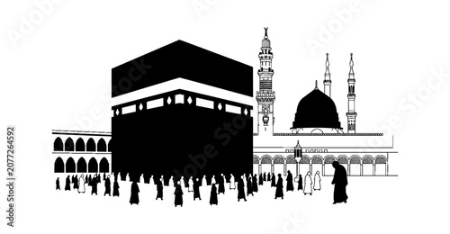 Black silhouette of the kaaba in mecca with the masjid al-haram mosque and people praying during hajj pilgrimage isolated on transparent background, Vector