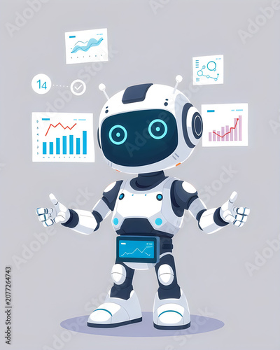 Digital assistant robot managing complex data visualization and floating financial charts.