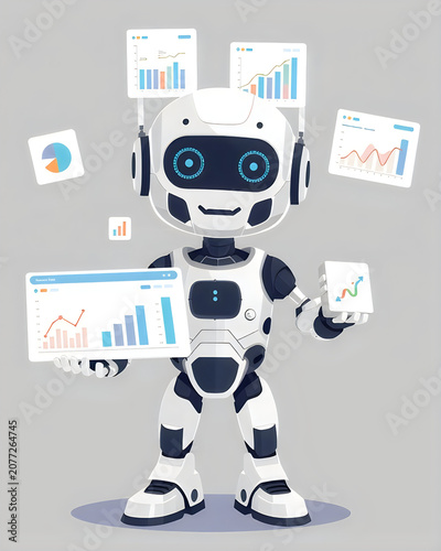 Friendly white robot displaying diverse business infographics and pie charts on background.