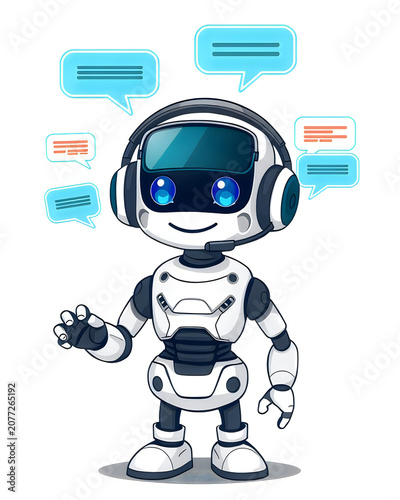 Friendly robotic call center representative featuring floating speech bubbles and headset.