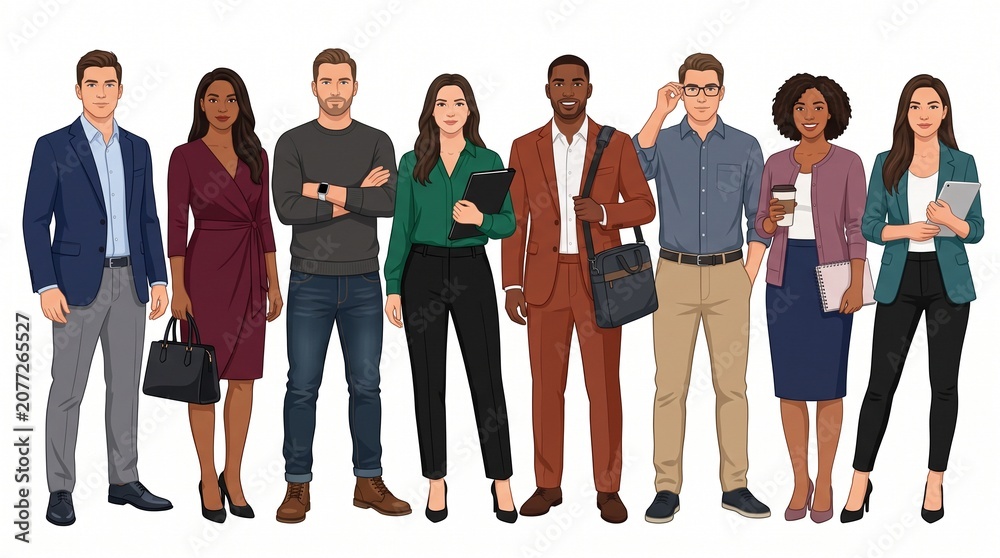 Obraz premium Diverse business people standing together in a row wearing professional office attire isolated on a white background as a modern corporate team illustration concept art