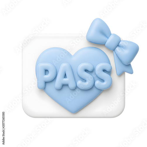 Blue heart with PASS text and bow on white square icon for approval or love