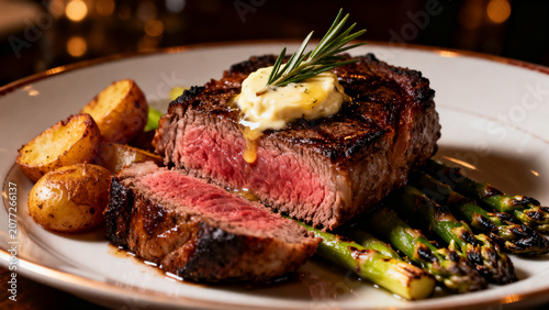 Konstfotografi Fine Dining Ribeye Steak with Grilled Asparagus and Potatoes