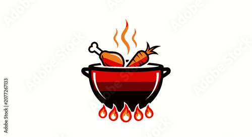 Принти на полотні Illustration of sizzling hot cooking pot with chicken and carrot