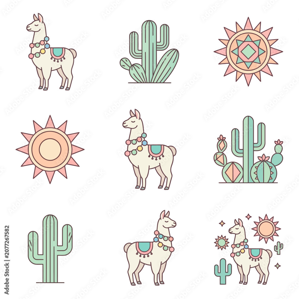 Fototapeta premium Llamas and cacti in desert landscape.