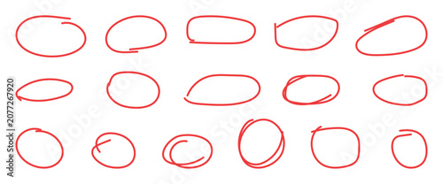 Set of hand drawn red doodle ellipses. Highlight circle frames, Bright red scribble ovals and bubbles. Hand drawn outline sketch wave circle mark elements  isolated on white background. 