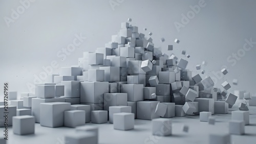 White cubes floating into a suspended mountain mass – Suitable for boundless opportunity, virtual reality design, or cloud storage solutions.