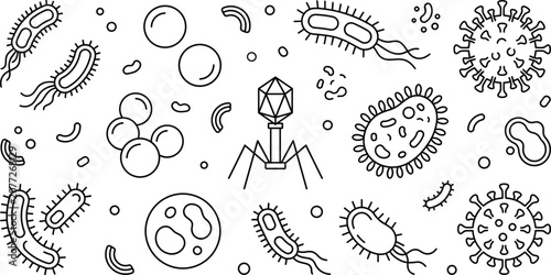 Fotografie Microscopic bacteria and virus line art icons set with bacteriophage cell structures vector illustration