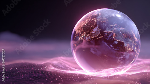 glowing purple digital globe with network connections, symbolizing global technology, worldwide data communication, business innovation and internet connectivity concept