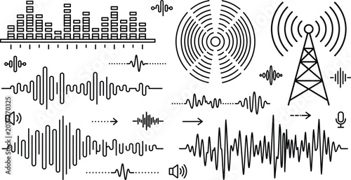 Fotografie Audio sound wave and radio frequency line art icons set with equalizer bars antenna vector illustration