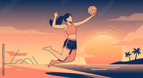 Flat character illustrations in summer playing beach volleyball
