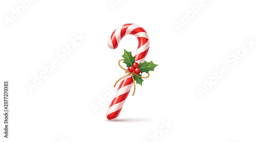 Traditional Christmas candy cane decorated with holly leaves and berries vector illustration on white background