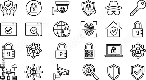 Obraz na płótnie Minimalist black line art icon set featuring cyber security data protection padl