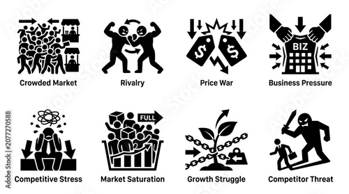Market Competition Icon Set Representing Rivalry, Saturation, and Business Pressure in Bold Black‑and‑White Vector Style