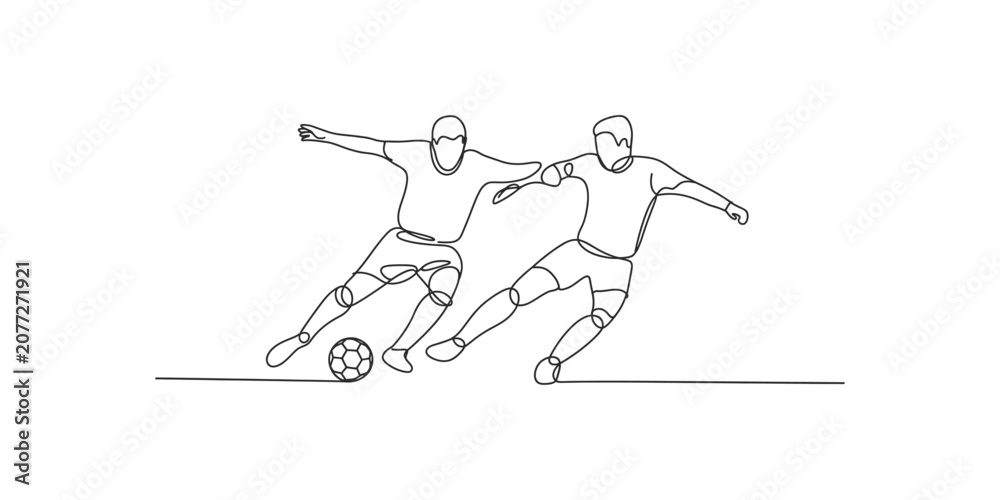Fototapeta premium Continuous line drawing of two soccer players competing for the ball on white background