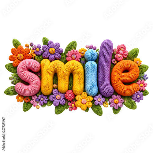 Colorful knitted smile sign with flowers and leaves on black background smile