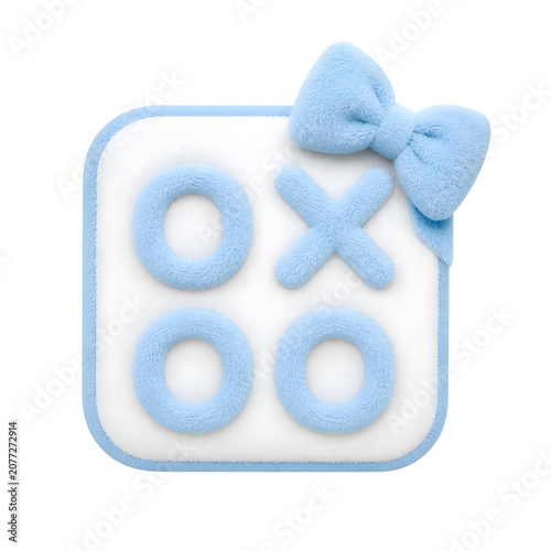 Tic-tac-toe game board with blue fuzzy pieces and bow on black background for