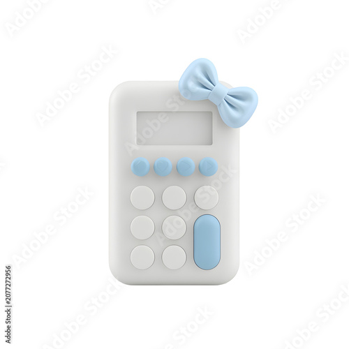A white calculator with blue buttons and bow on top for decoration purposes