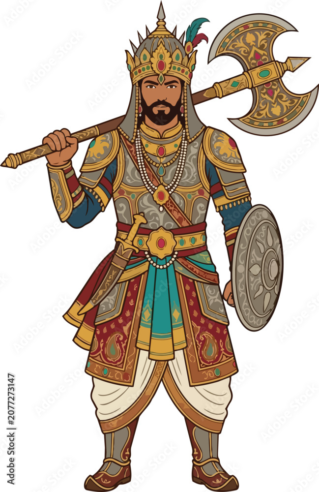Obraz premium Indian warrior in traditional golden armor holding large battle axe and shield for historical concept