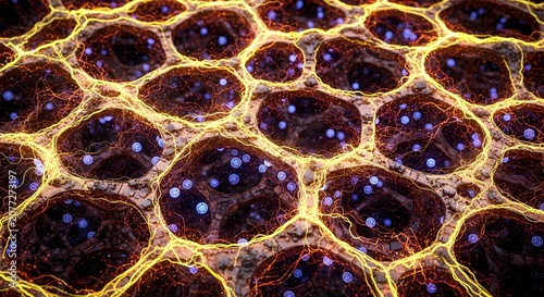 Microscopic view of copper cells with glowing yellow borders