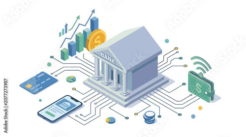 An isometric digital banking concept illustration portrays a modern financial technology ecosystem connecting a central bank to mobile apps, smart e-wallets, credit cards, and daily investment charts