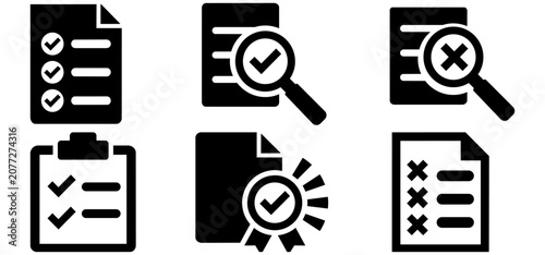 Photos Checklist, inspection, and approval document icon set in simple glyph style