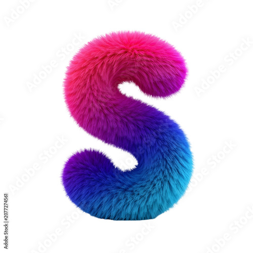 Colorful fuzzy letter S in pink, purple, and blue gradient on black background