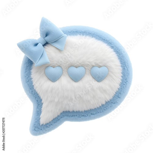 Cute blue and white plush speech bubble with hearts and bow on black background
