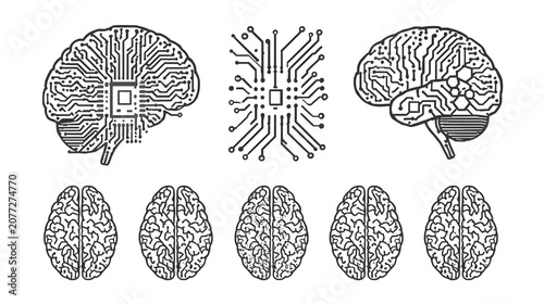 Circuit board brains. Artificial intelligence microchip, AI chip and digital brain processor vector illustration set