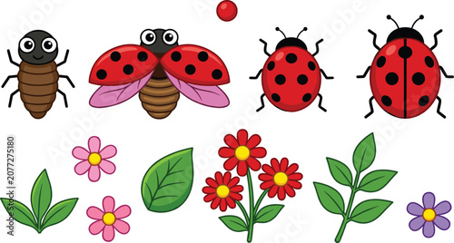 Konstfotografi Cute cartoon ladybug insect vector element collection with colorful garden flowe
