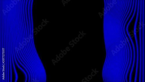 Abstract blue neon stage curtains opening wavy vertical lines on black background video loop