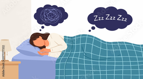 Konstfotografi Woman in bed with insomnia, overthinking, and anxiety unable to sleep