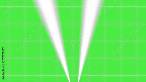 Two white glowing theater spotlights moving across a green screen grid key background loop