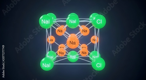 3D Rendering of Periodic Table Elements Sodium Chlorine Ions in Molecular Structure Grid Dark Background