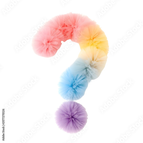 Colorful question mark made of tulle fabric on black background creative symbol