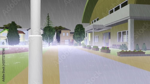 アニメーションの背景として最適（雨の学校）雨エフェクトが入っています