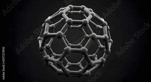 3D geometric metallic sphere with hexagonal pattern on black background minimalist abstract design