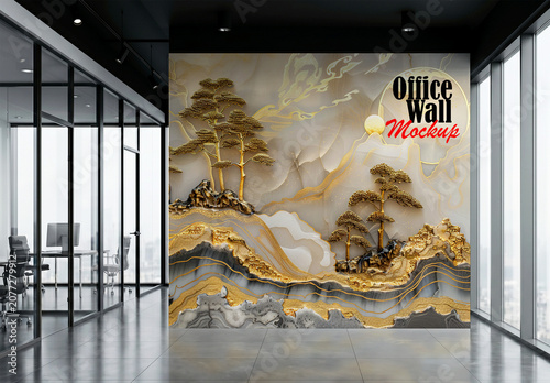 Modern office wall mockup with luxury glass partitioned corridor