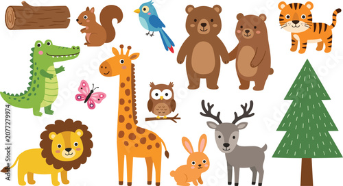 Photography Cute Cartoon Zoo and Forest Animals Vector Set with Giraffe Lion Bear Tiger and
