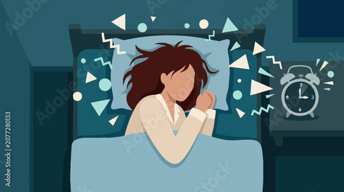 Photos Insomnia concept: Woman struggling to sleep in bed at night with alarm clock