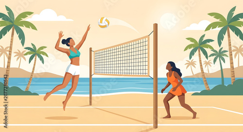 Summer beach sports flat character illustrations in summer games