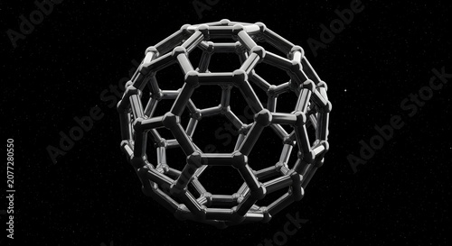 3D geometric soccer ball structure in black and white minimalist digital render on dark background