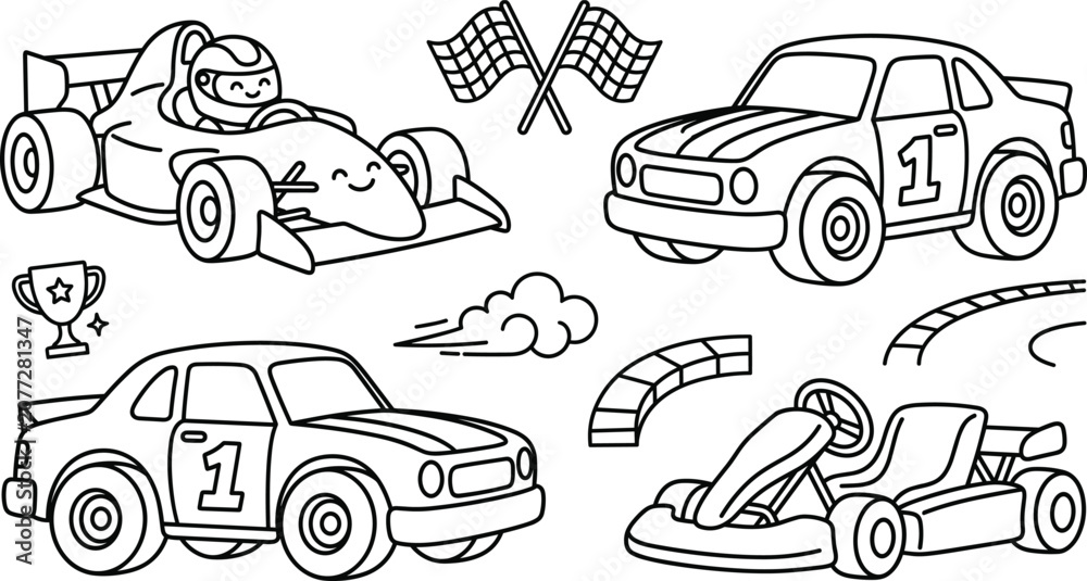 Fototapeta premium Cute racing cars line art elements set with formula one vehicle go kart and checkered flag vector illustration.