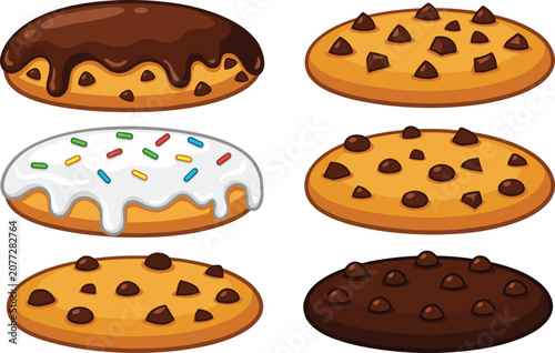 Delicious chocolate chip cookie vector set with frosting sprinkles and sweet dessert icons for design