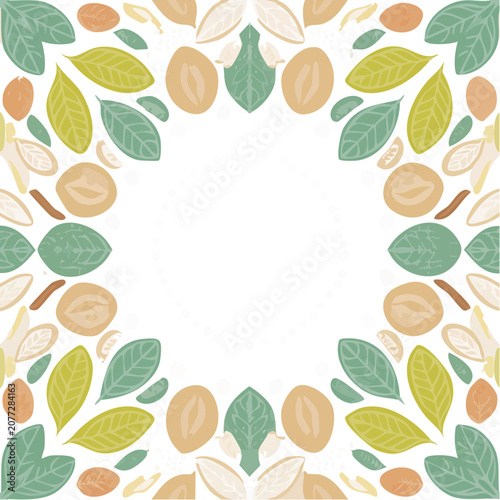 Tropical leaves and nuts circular frame vector illustration