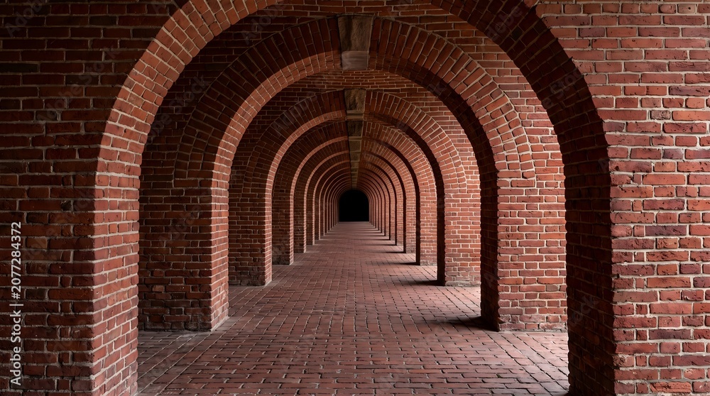 Fototapeta premium A long corridor with multiple arched doorways leads to a distant dark opening in a red brick wall structure