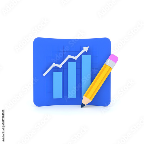 A blue graph with a pencil on it showing an upward trend on transparent background