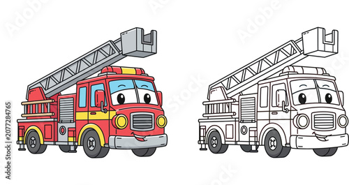 Fotografía Cute Cartoon Fire Truck Character Coloring Page Vector Illustration