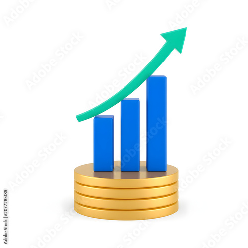 Growing financial success represented by blue bars and green arrow on golden coins symbolizing profit increase on transparent background